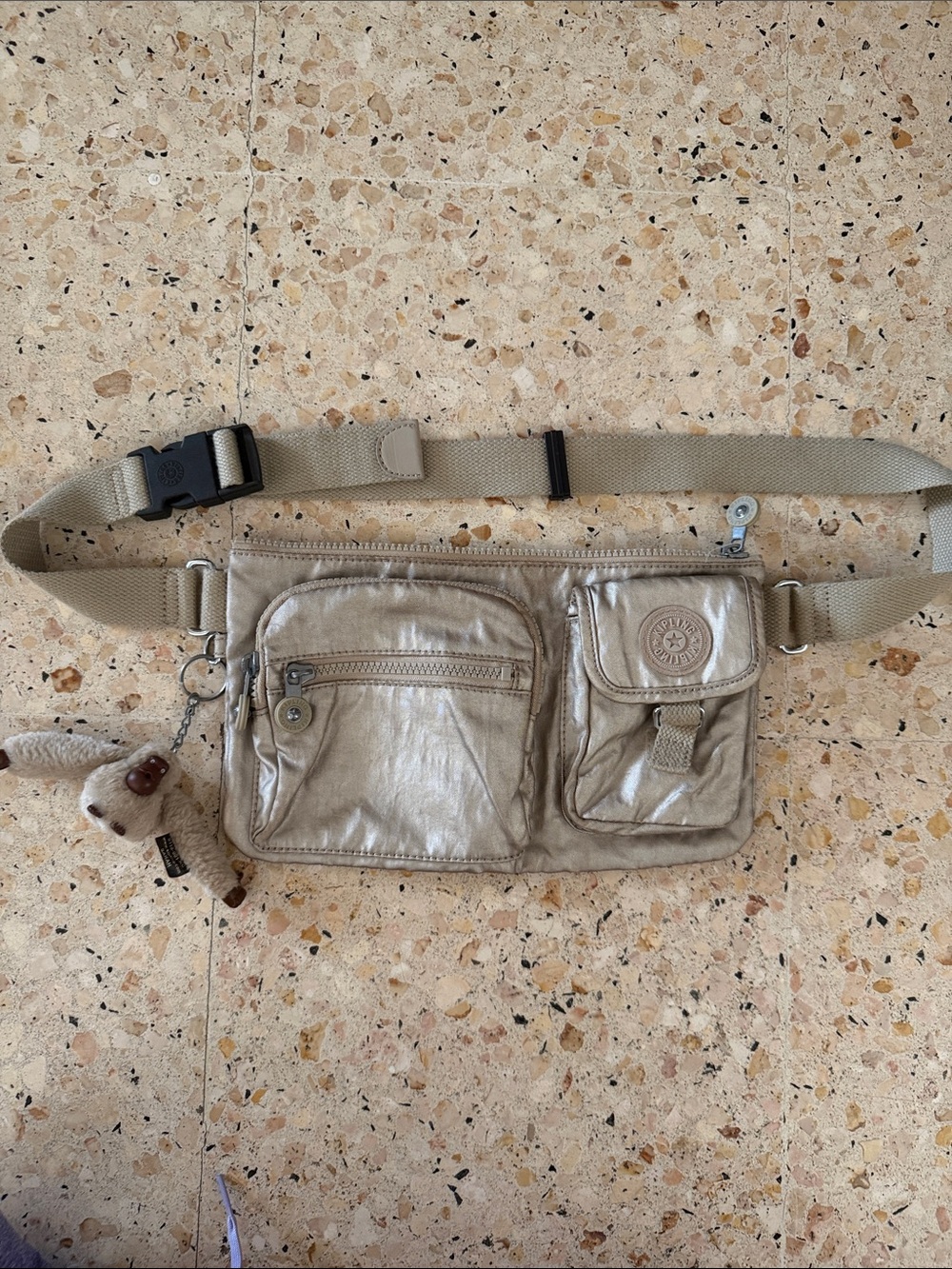 Kipling Metallic Taupe Waist Bag with Monkey Charm